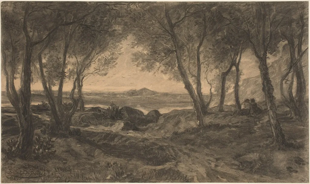 A Couple Seated among Trees above a Lake, by Alfred Bellet du Poisat, charcoal, 1870