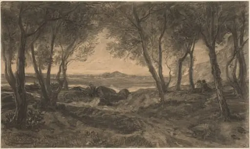 A Couple Seated among Trees above a Lake, by Alfred Bellet du Poisat, charcoal, 1870