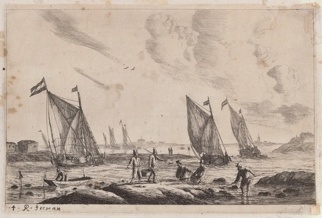 View of Inland Waterway with Fishermen, by Nooms, called Zeeman, Reinier, ink, 1656