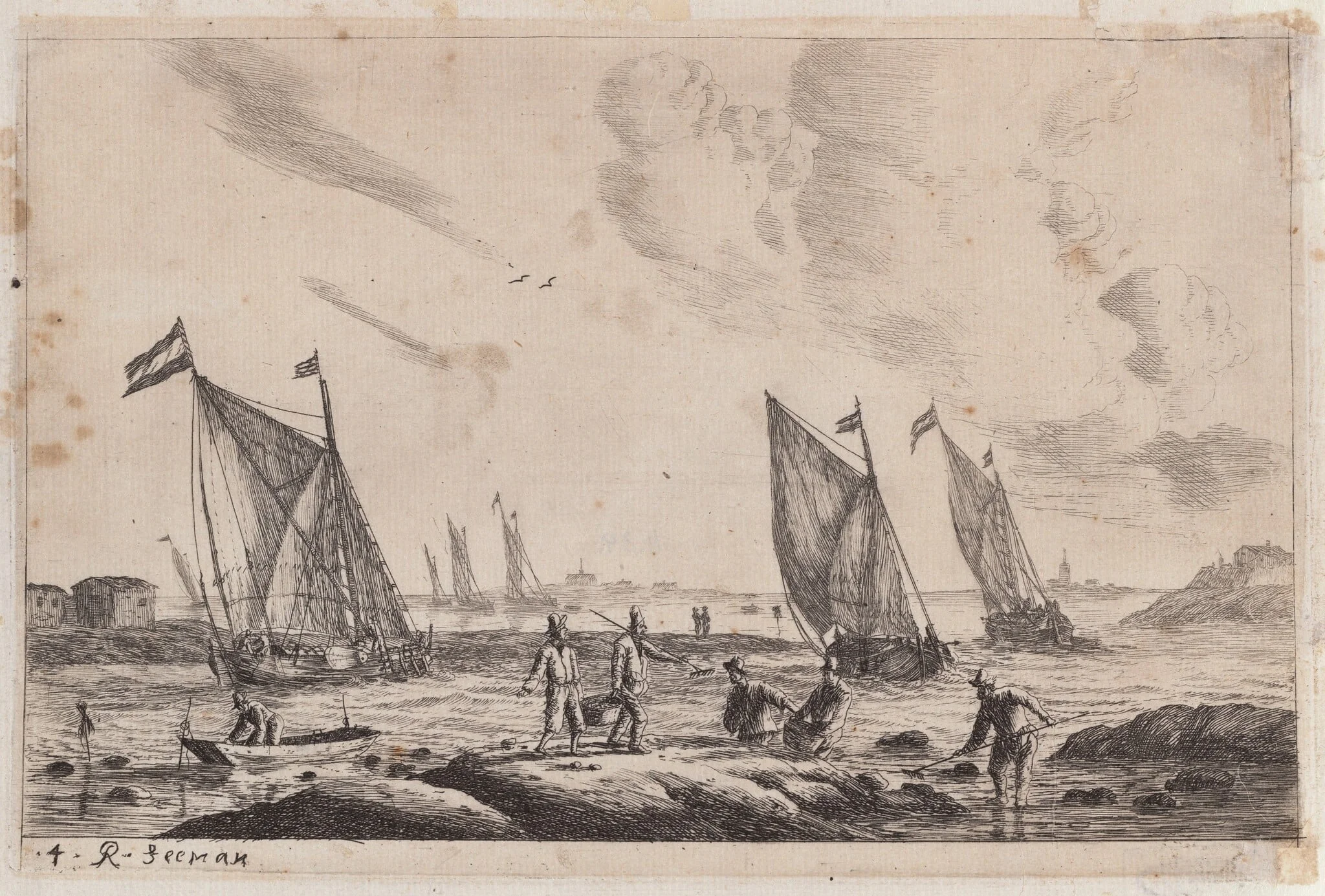 View of Inland Waterway with Fishermen, detail