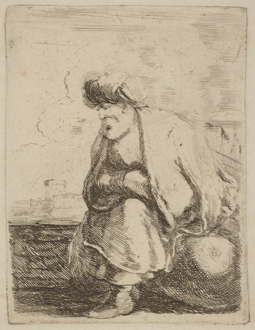 An Old Turk with Turban Seated on a Rock, by Stefano Della Bella, ink, 1637