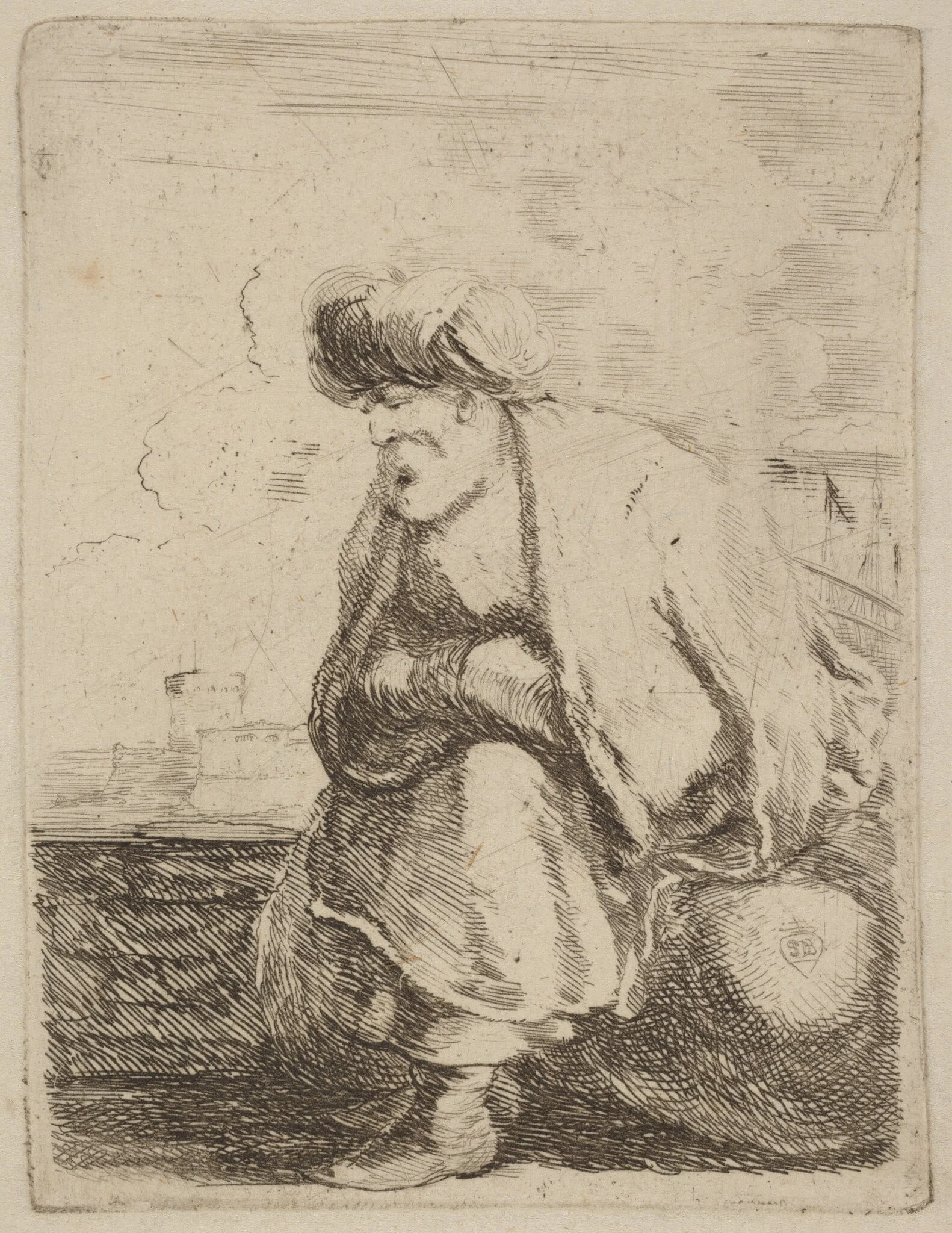 An Old Turk with Turban Seated on a Rock, detail