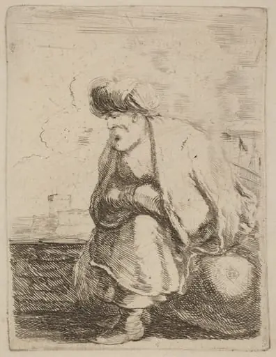 An Old Turk with Turban Seated on a Rock, by Stefano Della Bella, ink, 1637