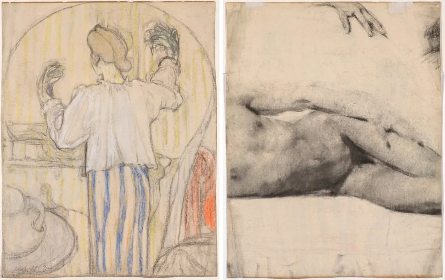 In Front of the Mirror (recto); Reclining Male Nude (verso), detail