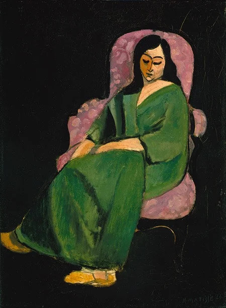 Laurette in a Green Robe, Black Background, detail