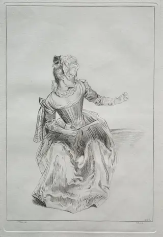 Woman Holding a Fan, by Benoit II Audran, 1704