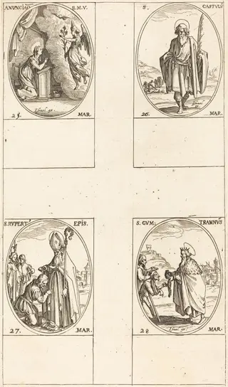 The Annunciation; St. Castulus; St. Rupert; St. Gontran, by Jacques Callot, ink, 1634