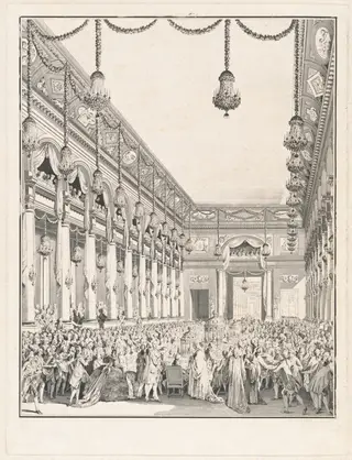 Le festin royal - Fête donnée à l'occasion de la naissance de Monseigneur le Dauphin, 21 janvier 1782, by Jean-Michel the Younger Moreau, ink, 1782