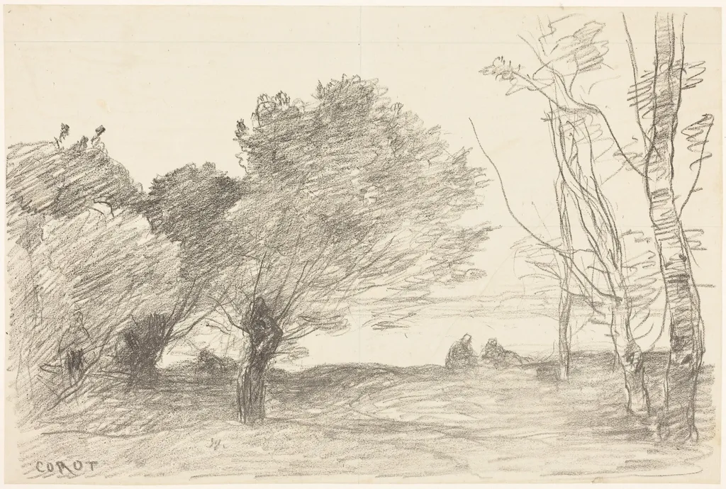Willows and White Poplars (Saules et peupliers blancs), by Jean Baptiste Camille Corot, ink, 1871