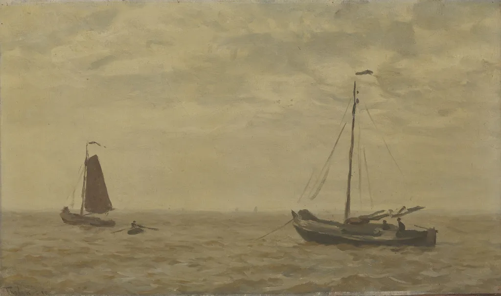 Zeegezicht met vissersschuiten, by Willem Bastiaan Tholen, oil, 1910