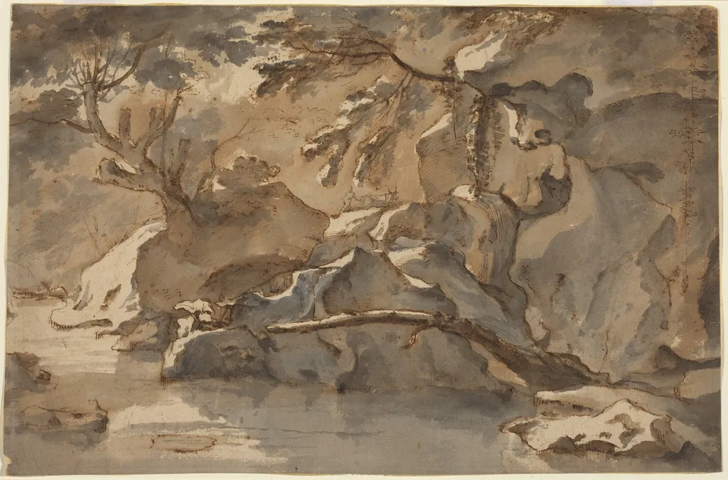 Landscape (after Paul Bril), by Herman van Swanevelt, ink, 1628