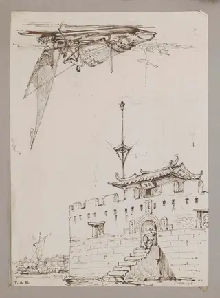 Part of a small fort opposite Canton; Chinese sailing vessel, by George Chinnery, 13