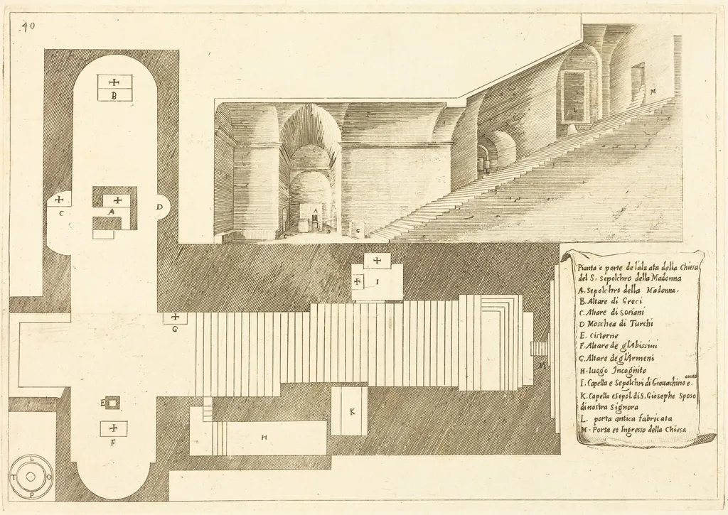 Plan and Part of the Elevation of the Church of the Holy Sepulchre of the Madonna, by Jacques Callot, ink, 1619
