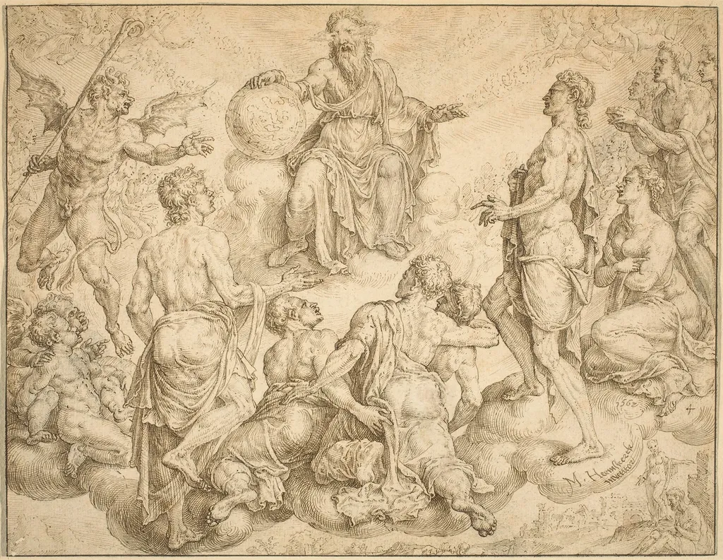 Satan Challenges God to Remove his Protection from Job, by Maarten van Heemskerck, ink, 1562