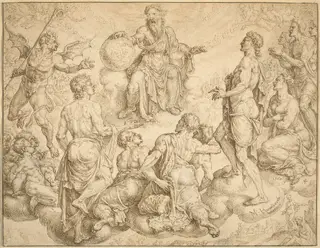 Satan Challenges God to Remove his Protection from Job, by Maarten van Heemskerck, ink, 1562