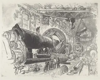 Cutting and Turning a Big Gun, by Joseph Pennell, ink, 1916