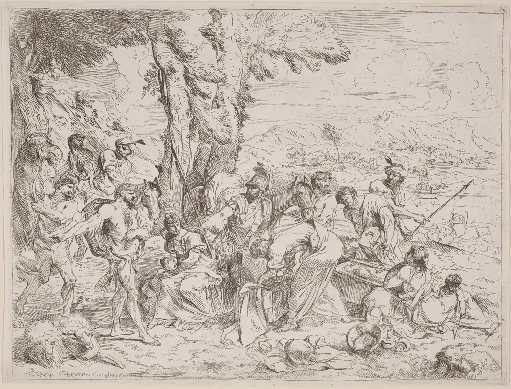 Rachel Concealing Laban's Idols, by Andrea De Leone, ink, 1635