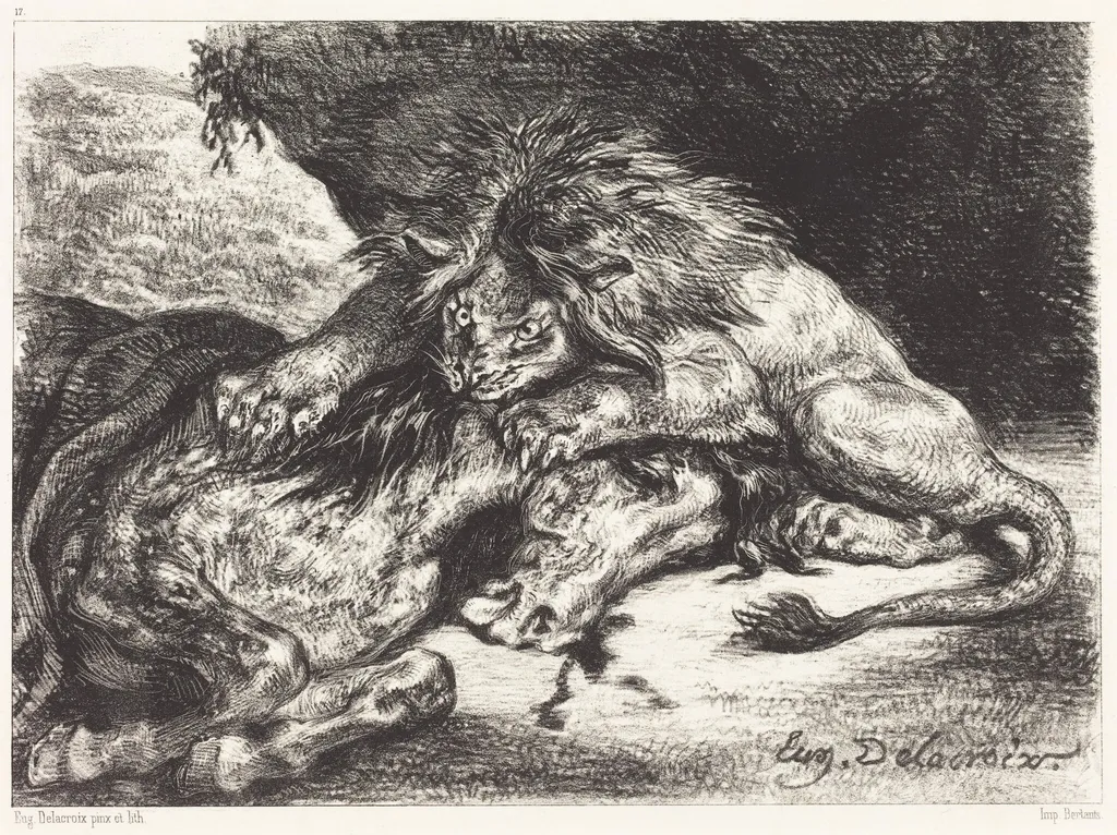 Lion Devorant un Cheval (Lion Devouring a Horse), by Eugène Delacroix, ink, 1844