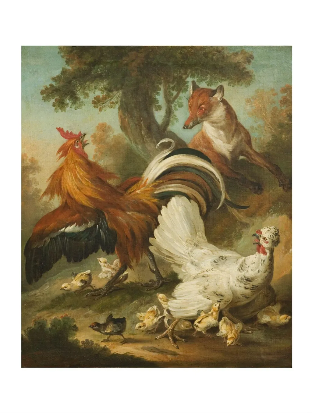 Cock, hen and chickens surprised by a fox, by Jean-Baptiste Oudry, oil, 1750