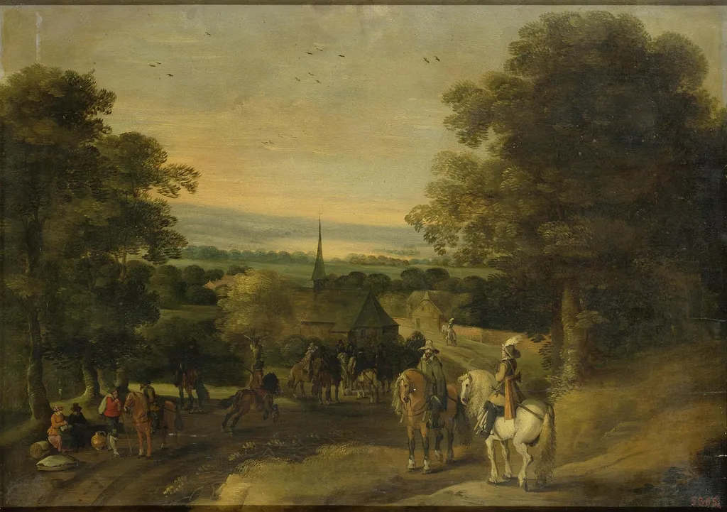 Landscape with a Cavalry Group, by Izaak van Oosten, oil, 1650