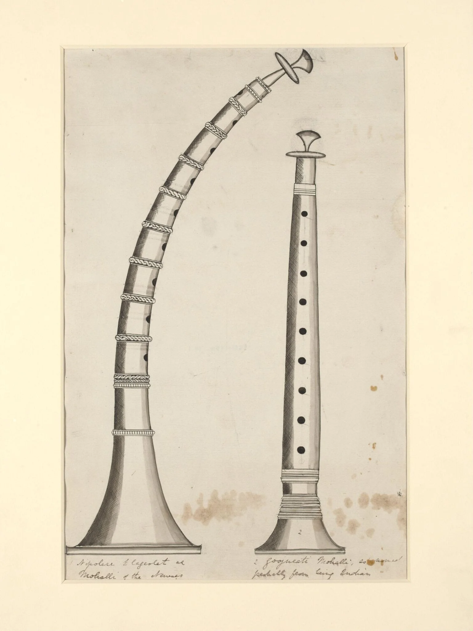 One of seven sheets of drawings depicting implements and musical instruments., detail