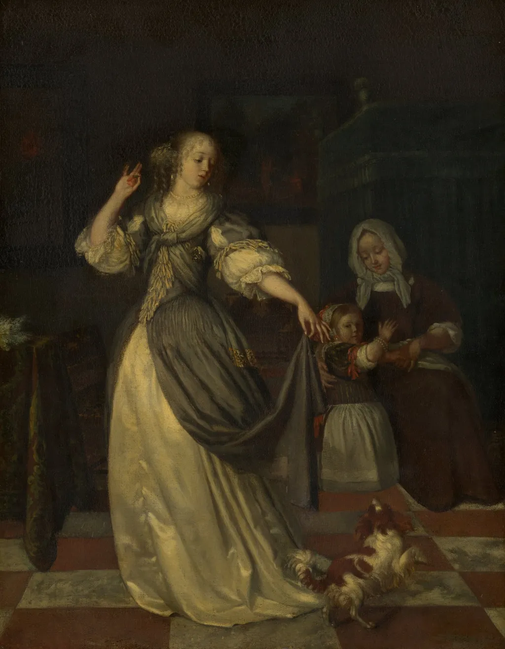 Lady Playing with a Dog, by Eglon van der Neer, oil, 1670