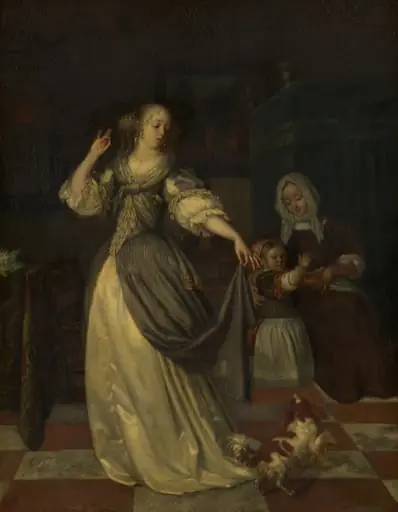 Lady Playing with a Dog, by Eglon van der Neer, oil, 1670