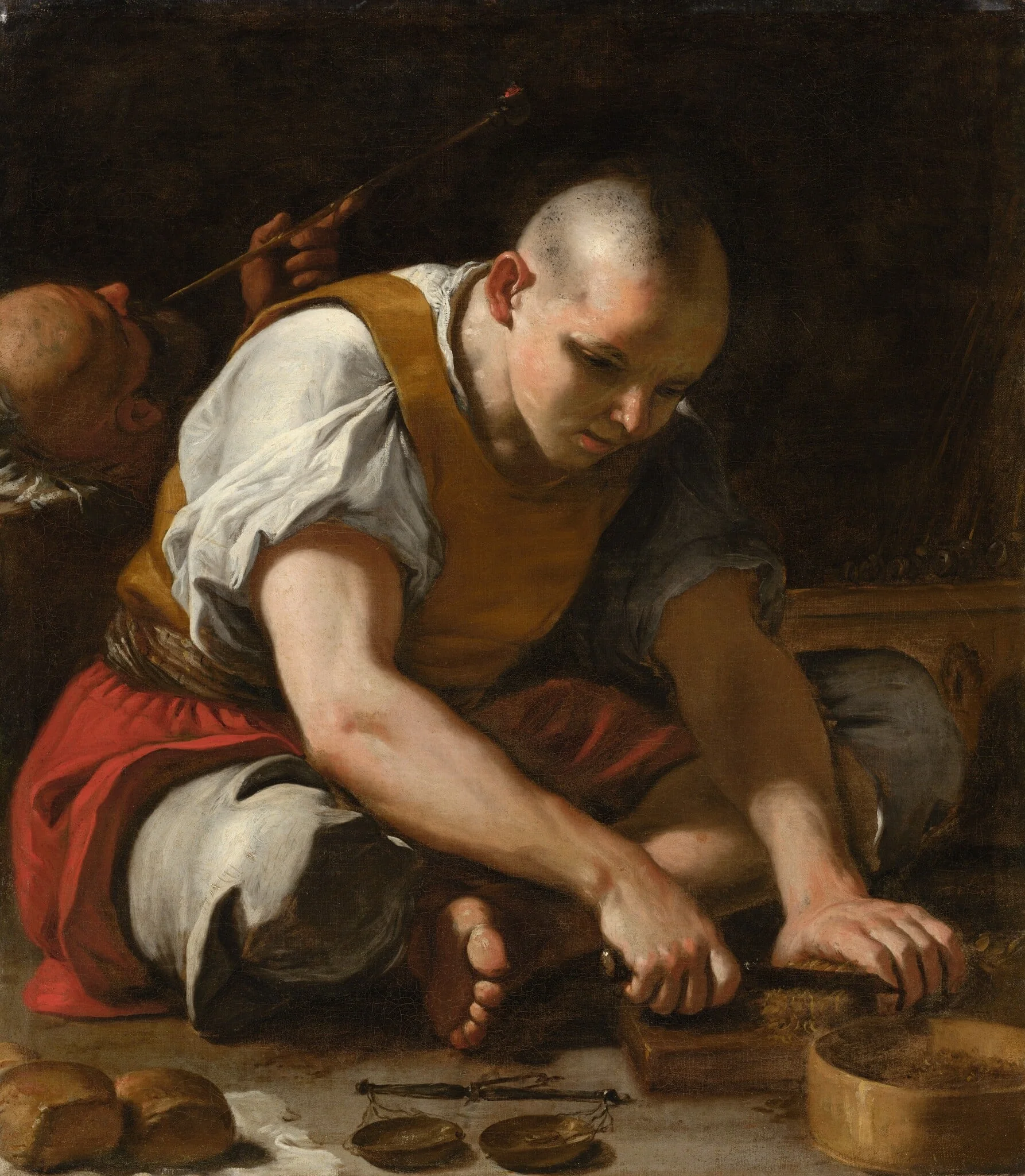 A Man Cutting Tobacco, detail