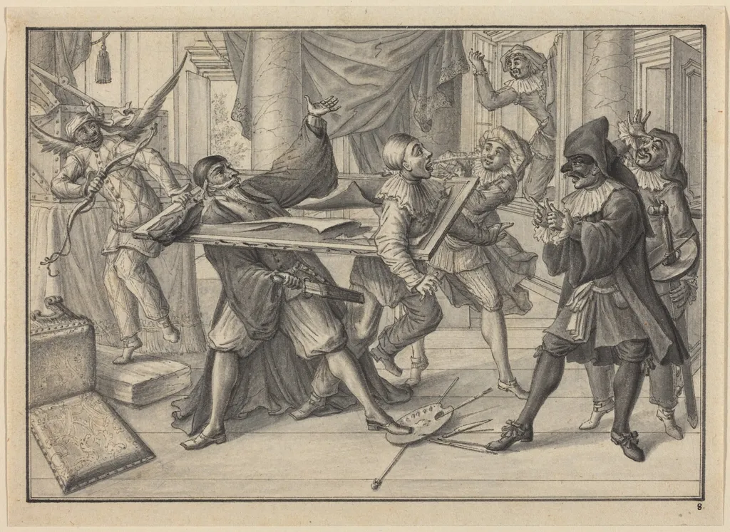 Mezzetin and Harlequin Use the Picture Frame to Catch Pantaloon and Pierrot, by Johann Jacob Schübler, ink, 1729