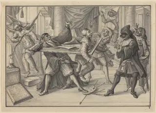 Mezzetin and Harlequin Use the Picture Frame to Catch Pantaloon and Pierrot, by Johann Jacob Schübler, ink, 1729