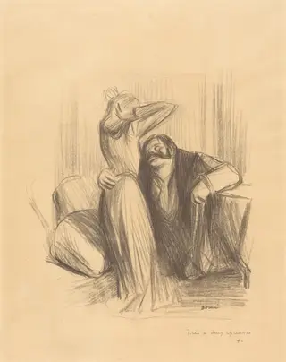 Scène de cabinet particulier (planche en hauteur) (Scene in a Private Room) (vertical plate), by Jean-Louis Forain, ink, 1905