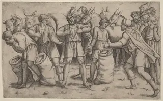 Discovery of Joseph's Cup, by Giovanni Antonio da Brescia, ink, 1523