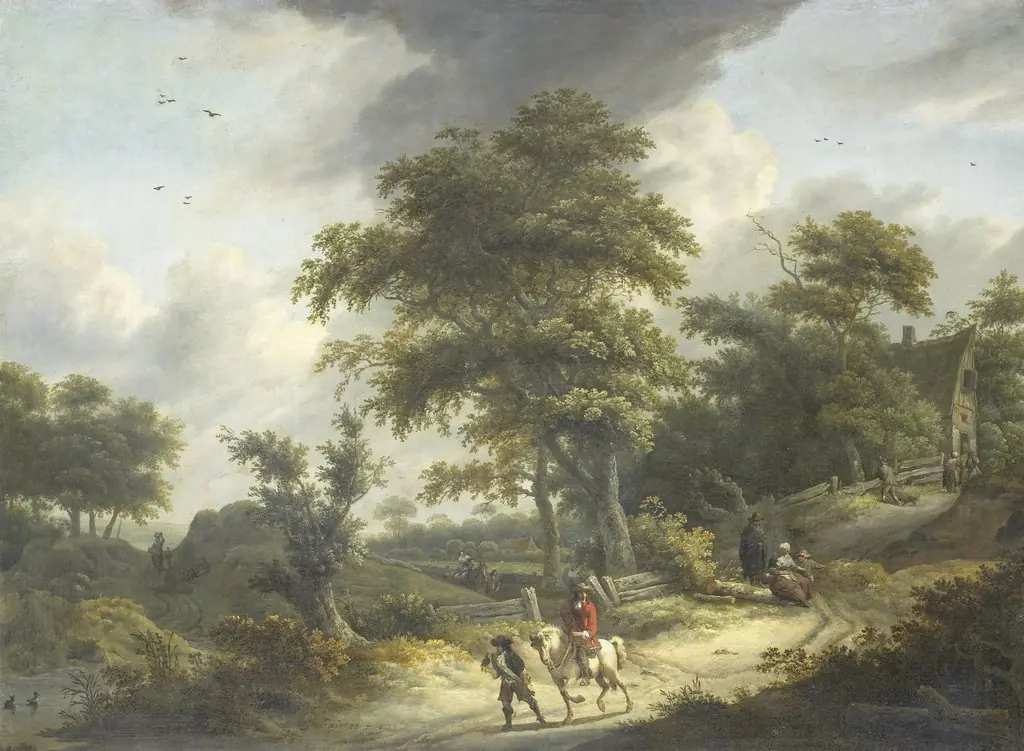 Landscape with falconer, by Roelof Jansz van Vries, oil, 1650