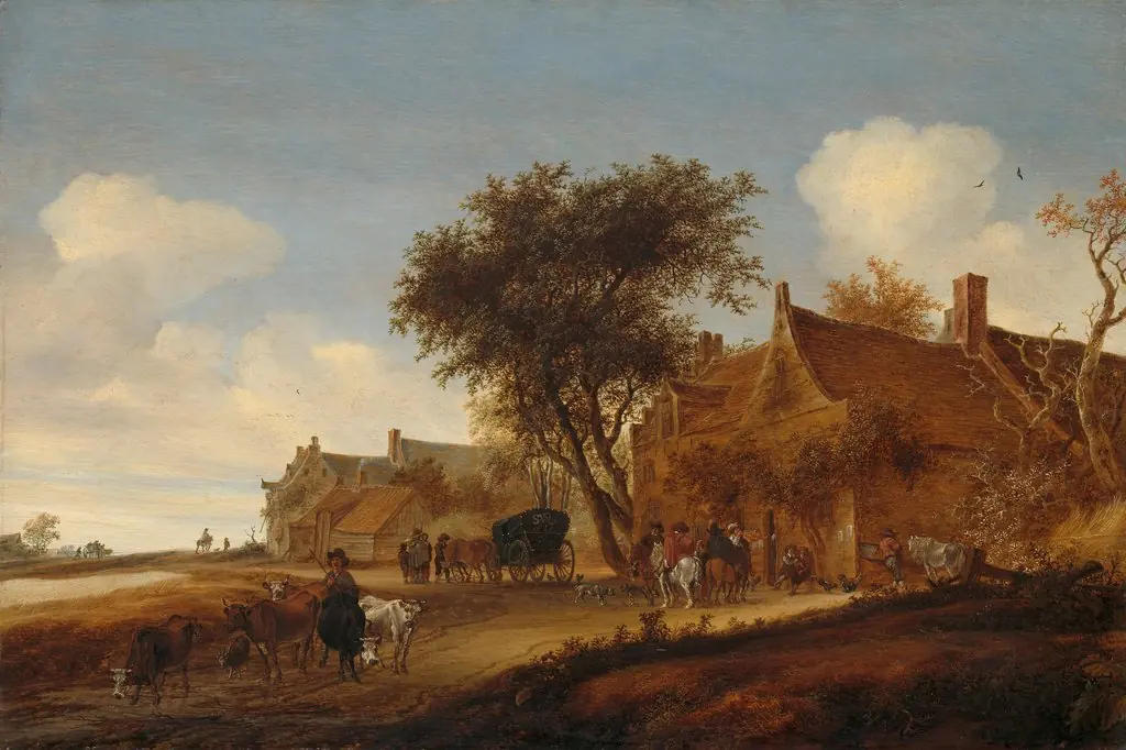 A village inn with stagecoach, by Salomon van Ruysdael, oil, 1655