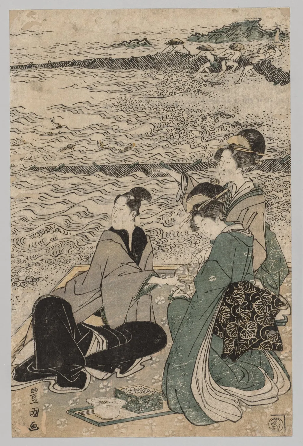 Man and Two Women at the Sea Shore, by Utagawa Toyokuni I, 1797