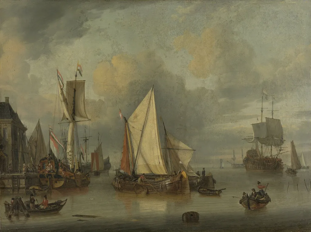 A Calm (Ships in the Harbor by Calm Weather), by Jan Claesz Rietschoof, oil, 1699