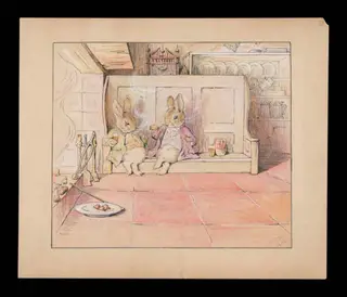 Two rabbits smoking pipes, by Beatrix Potter, watercolor, 1902