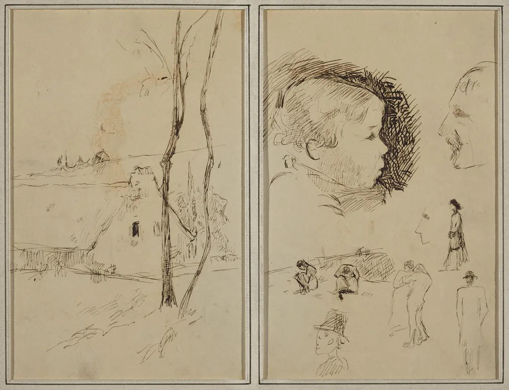 Landscape with a Cottage; Profile of Boy, Profile of Man, Two Women in a Landscape, and Five Other Studies [verso], by Paul Gauguin, ink, 1886