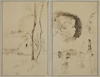 Landscape with a Cottage; Profile of Boy, Profile of Man, Two Women in a Landscape, and Five Other Studies [verso], by Paul Gauguin, ink, 1886
