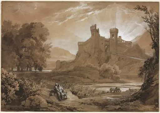 Landscape with Castle and Shepherds, by Achille Etna Michallon, 1814