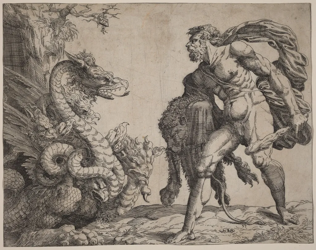 Hercules and the Hydra, by Battista Angolo del Moro, ink, 1552