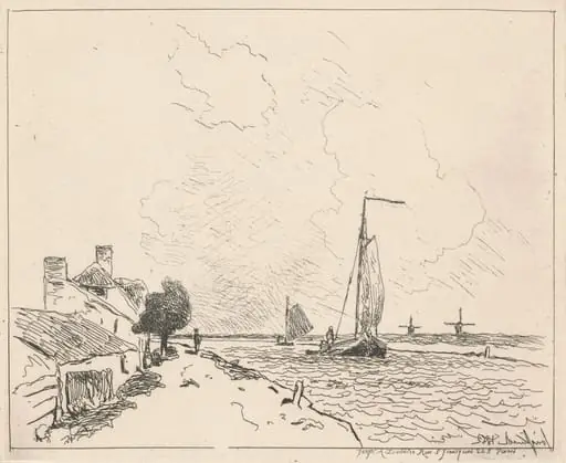 Two Boats at Sail (Les deux Barques à voile), by Johan Barthold Jongkind, ink, 1862