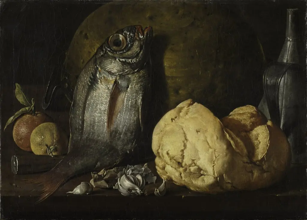 Still Life with Fish, Bread, and Kettle, by Luis Egidio Meléndez, oil, 1772
