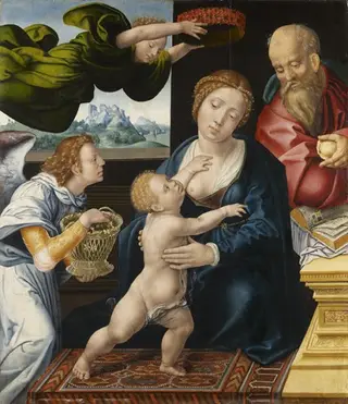 De Heilige Familie met twee engelen
