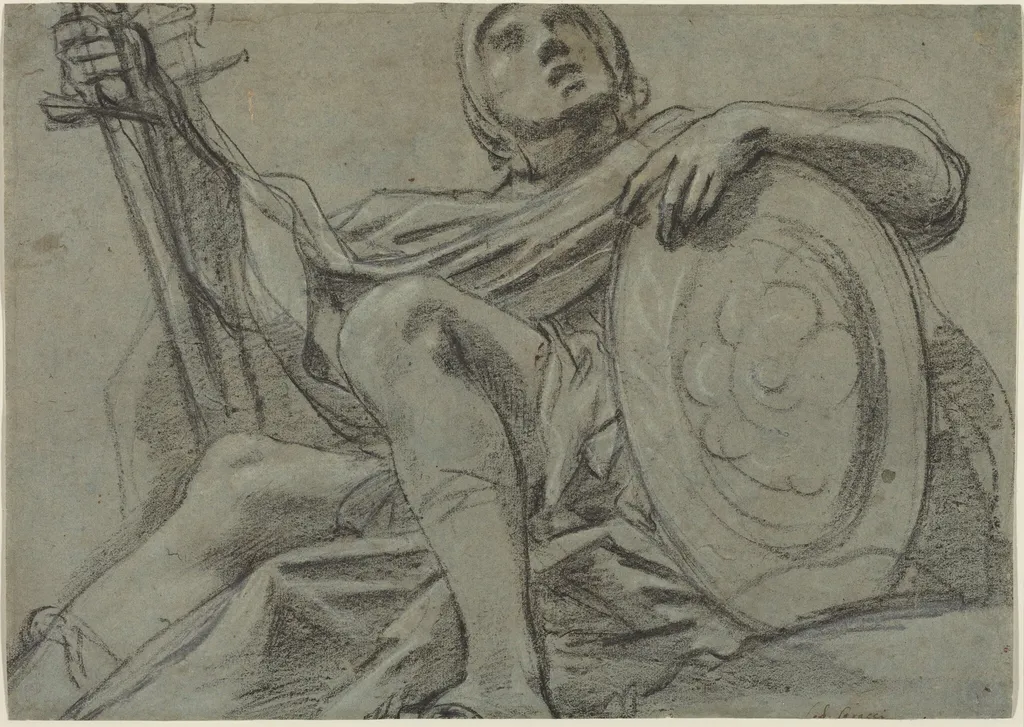 Seated Warrior Holding a Sword and Shield [recto], by Giacomo Cavedone, chalk, 1612
