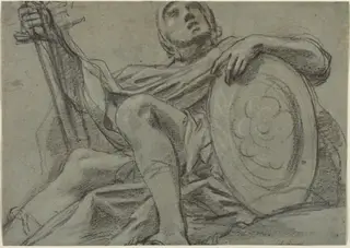 Seated Warrior Holding a Sword and Shield [recto], by Giacomo Cavedone, chalk, 1612