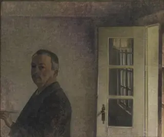 Self-Portrait. The Cottage Spurveskjul at Sorgenfri, North of Copenhagen, by Vilhelm Hammershøi, oil, 1911