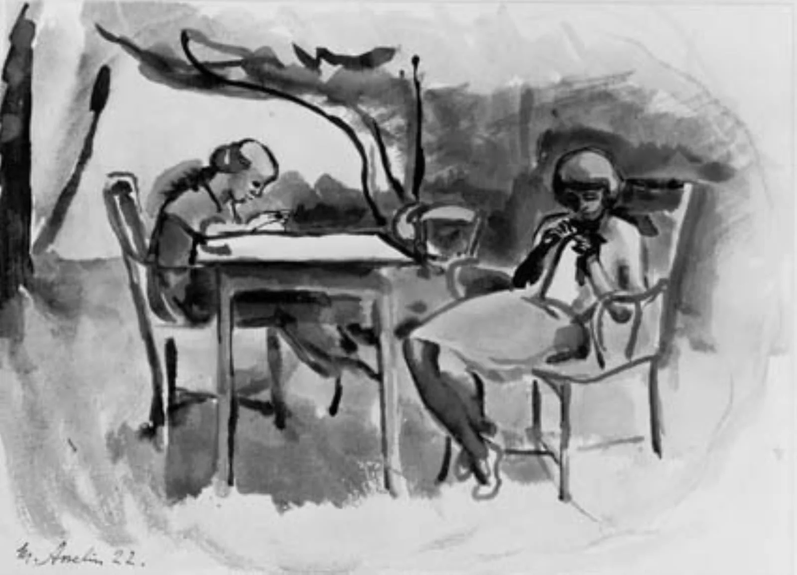 To syende kvinder ved et havebord, detail