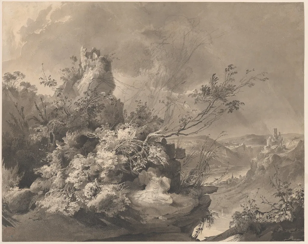 Ruined Towers Overlooking the Rhine, by Karl Bodmer, ink, 1835