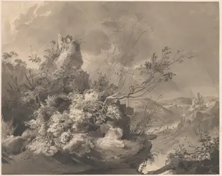 Ruined Towers Overlooking the Rhine, by Karl Bodmer, ink, 1835